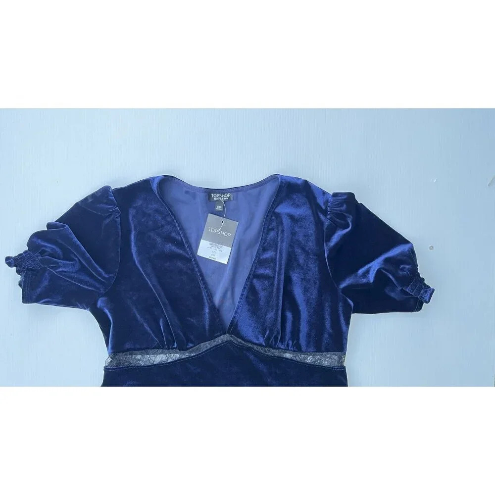 Topshop Women Velvet Lace Trim Short Sleeve Mini Dress Size 10 US - Picture 5 of 13